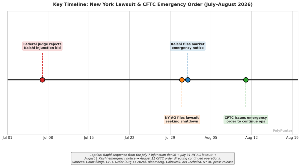 Key Timeline: New York Lawsuit and CFTC Emergency Order (July - August 2026)