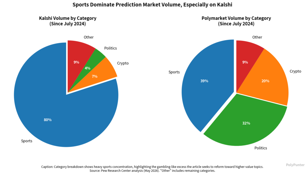 Sports dominate prediction market volume, especially on Kalshi.