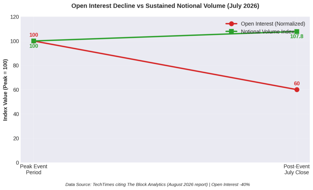 Open Interest Decline vs. Sustained Notional Volume (July 2026)